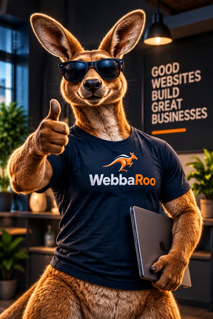 WebbaRoo kangaroo mascot giving a thumbs up in the WebbaRoo office