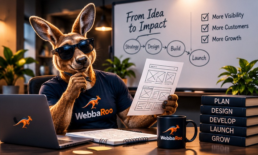WebbaRoo kangaroo reviewing website wireframes and project strategy